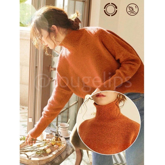 Orange Knit Turtleneck Pullover Sweater Long Sleeve Drop Shoulder - Picture 7 of 9